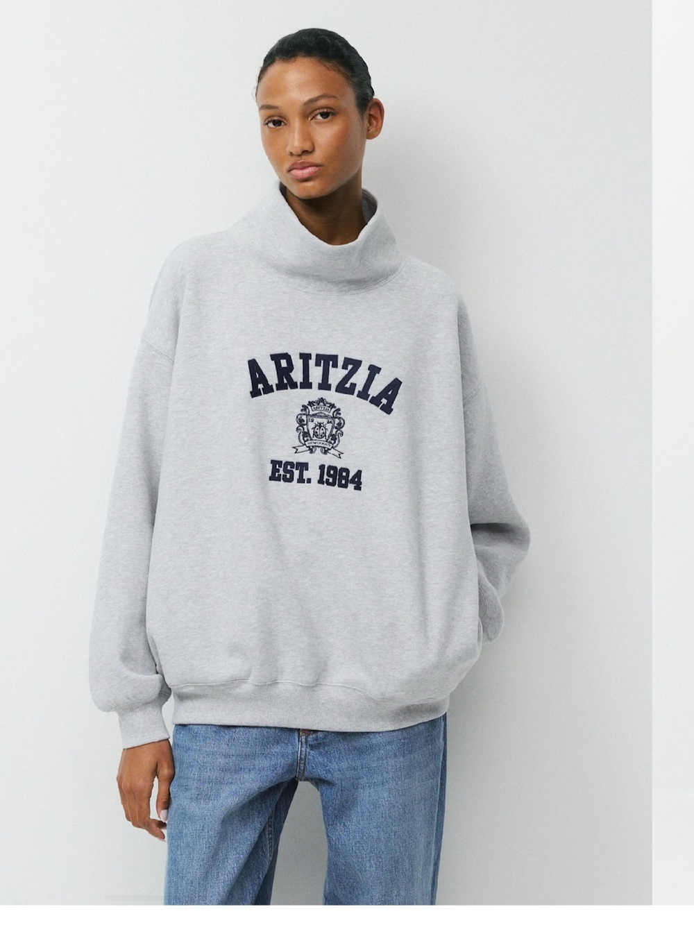Aritzia Light Gray Mock Neck Sweatshirt with Navy Logo